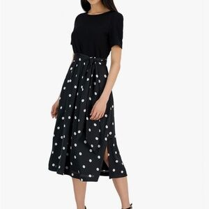 Anne Klein Black Polka Dot Tie Waist Satin & Serenity Mix Dress Size XL EUC